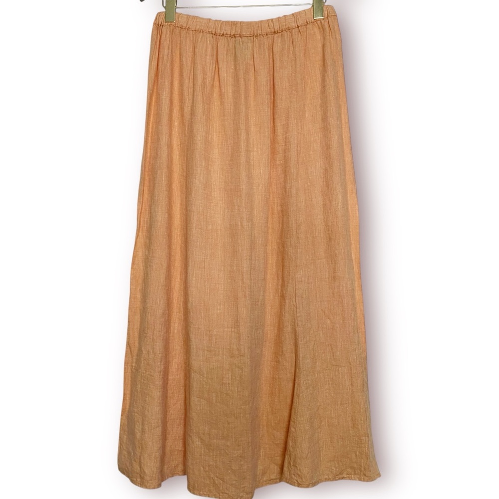 FLAX Peach Melon Linen Maxi Skirt with Drawstring Kick Pleat Accent